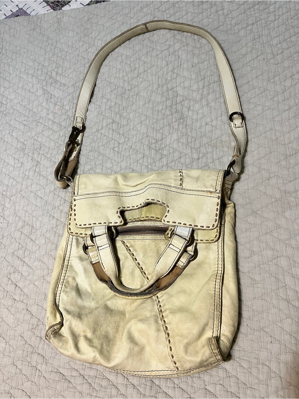 Lucky Brand Vintage Abbey Road Foldover Crossbody Cream Italian Leather Hobo Bag